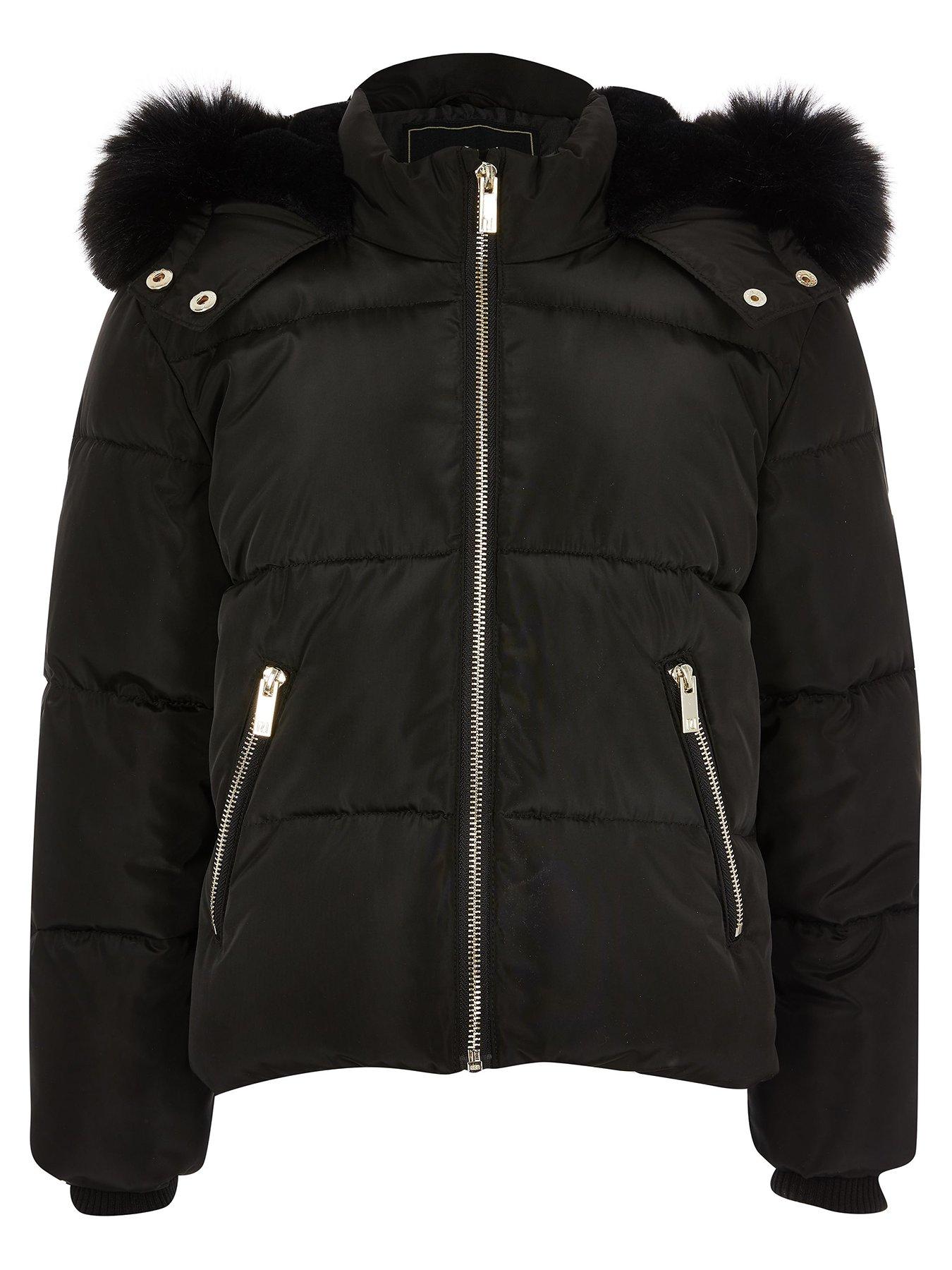 girls black coat fur hood