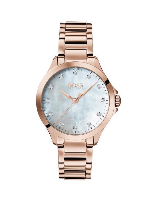 front image of boss-white-dial-with-13-diamonds-and-carnation-gold-stainless-steel-bracelet-ladies-watch
