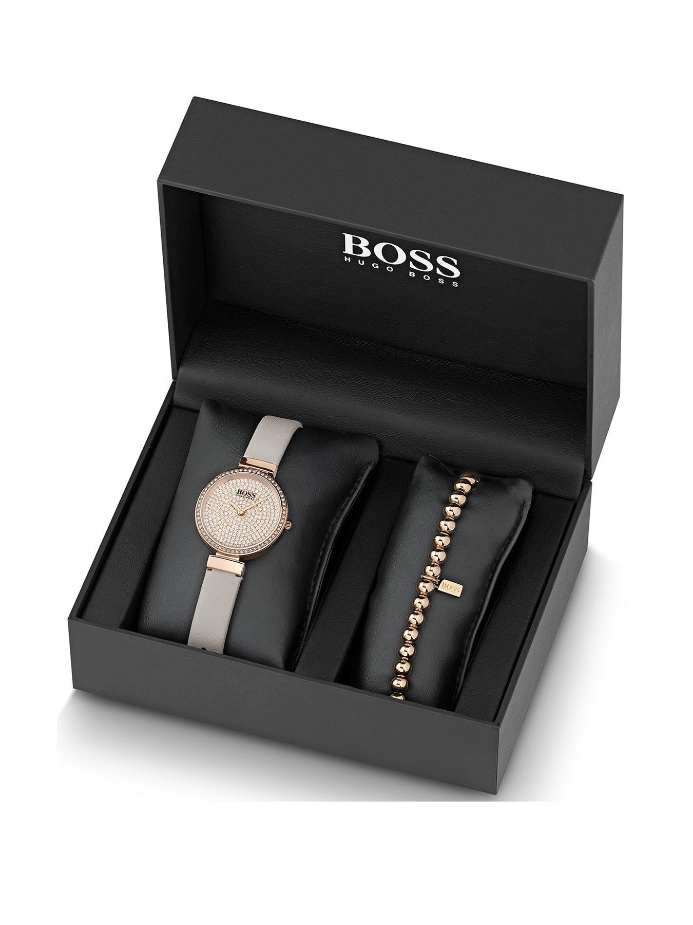 Boss Boss Carnation Gold Crystal Set Dial Blush Leather Strap Ladies Watch And Carnation Gold Bracelet Gift Set review