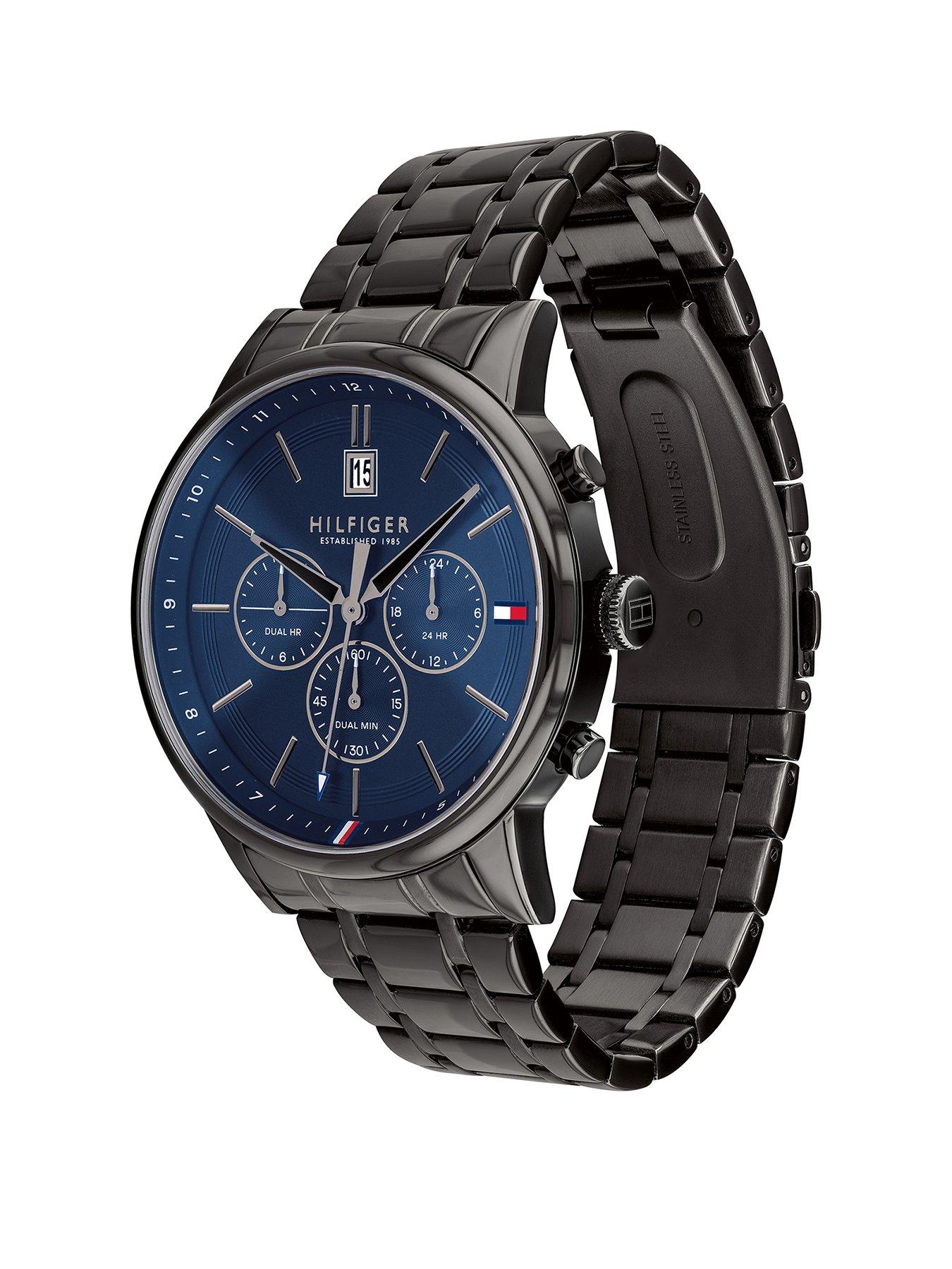 tommy hilfiger men's grey ip blue dial bracelet watch