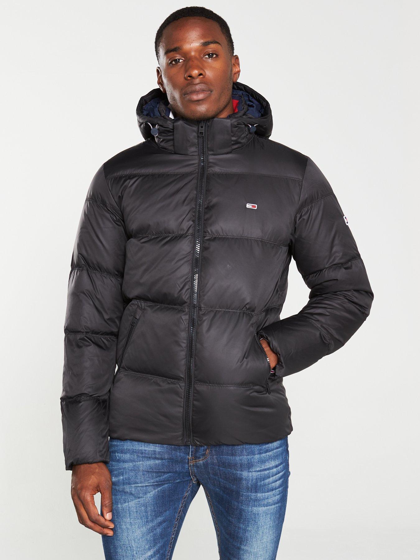 tommy jeans essential puffer jacket with logo in black