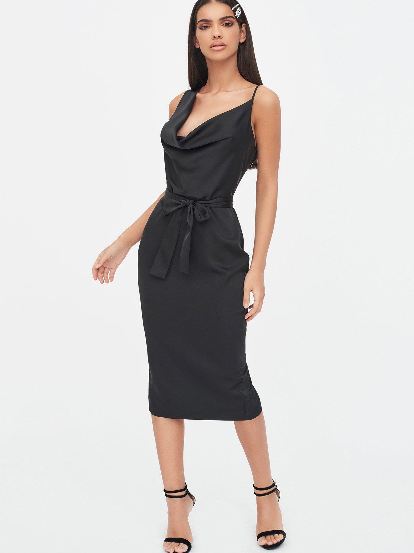 black cowl neck midi dress