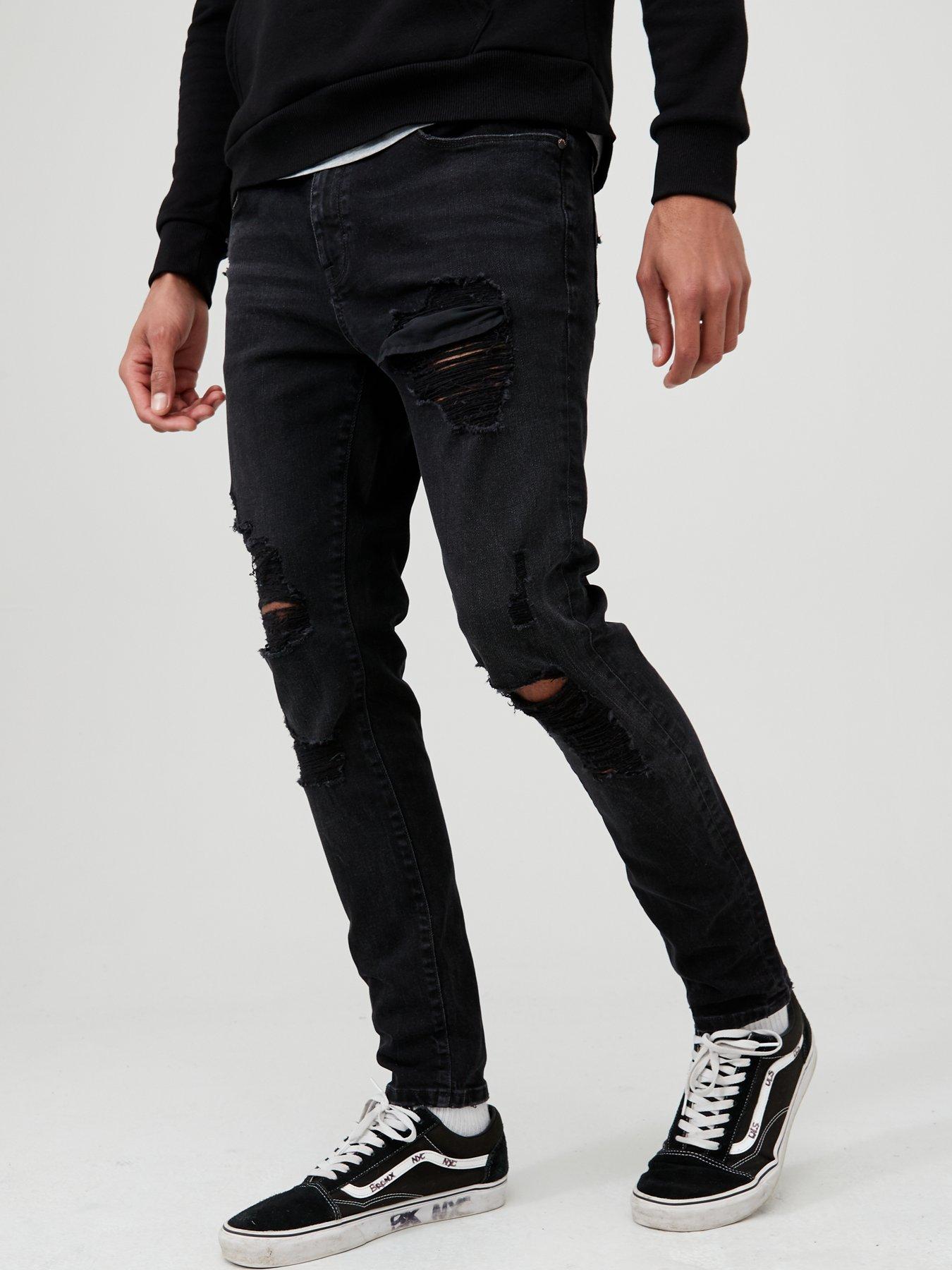 mens black skinny ripped jeans