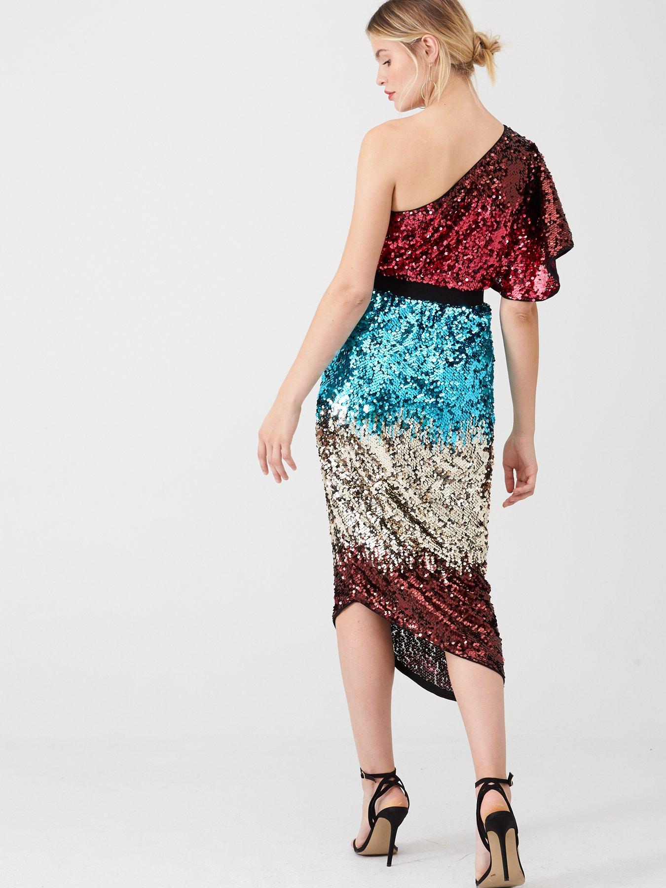 one shoulder multi sequin dress