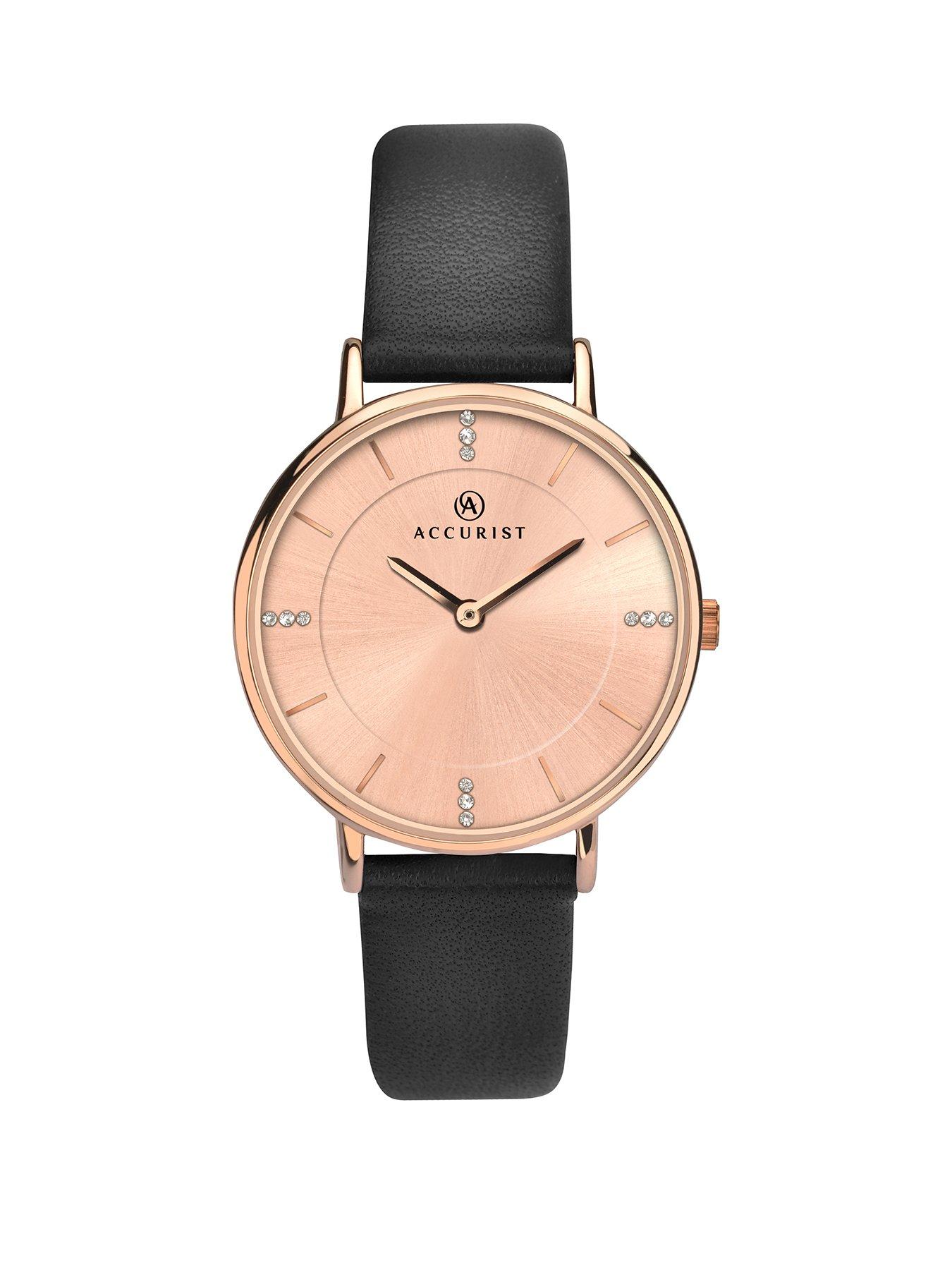 Accurist Accurist Rose Gold Sunray And Crystal Set Dial Black Leather Strap Ladies Watch review