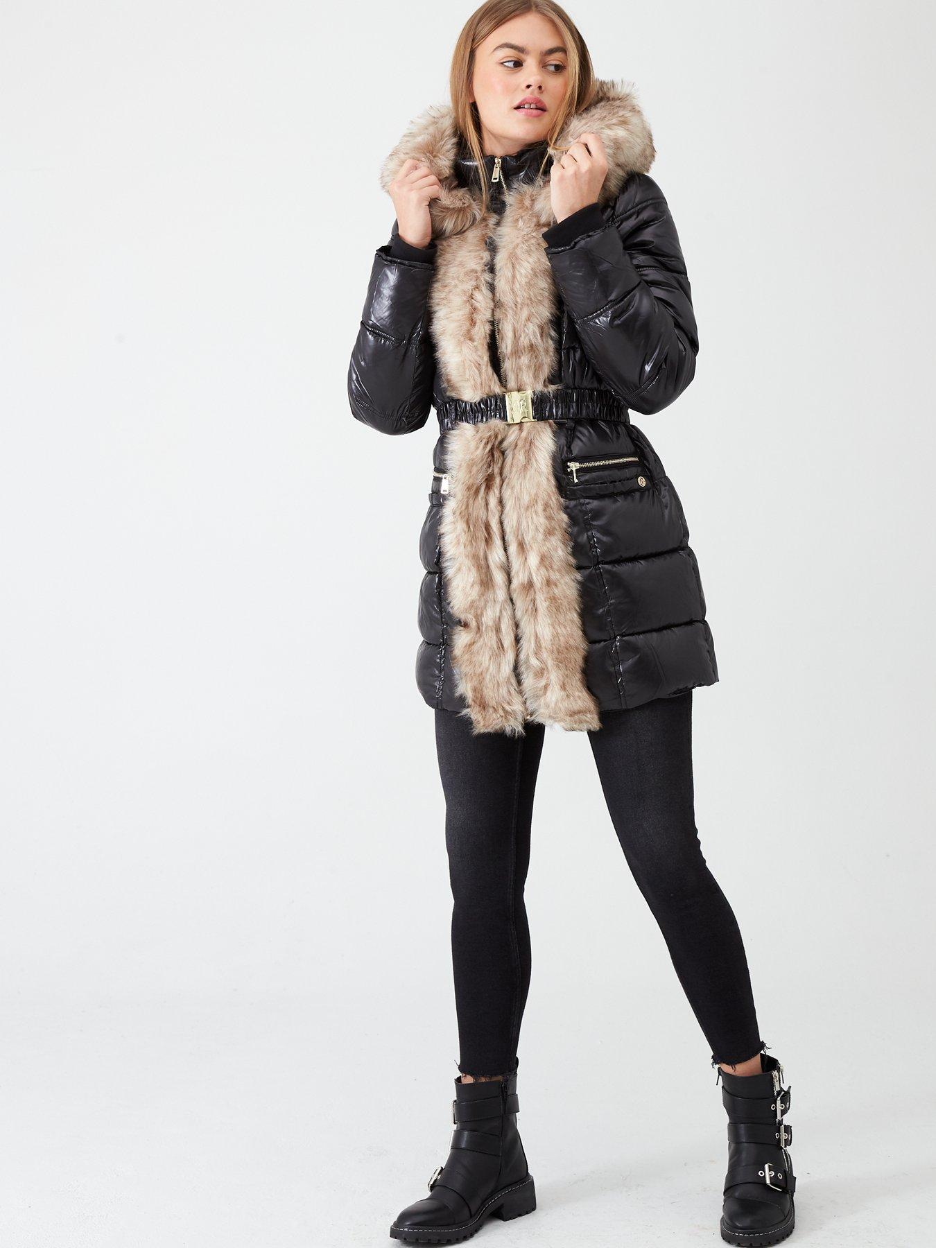 river island black high shine padded faux fur trim jacket