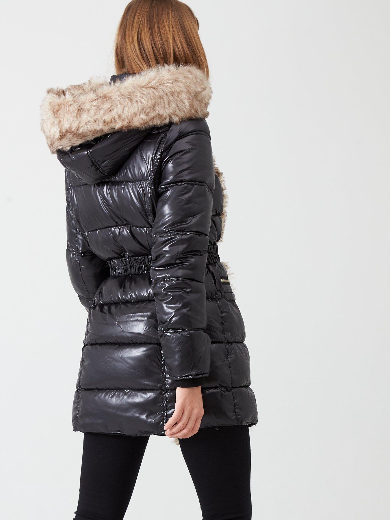 river island black high shine padded faux fur trim jacket