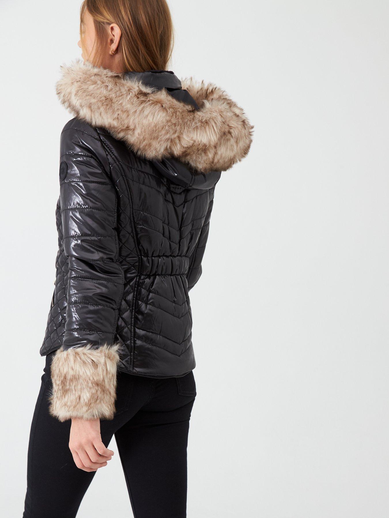 river island black high shine padded faux fur trim jacket