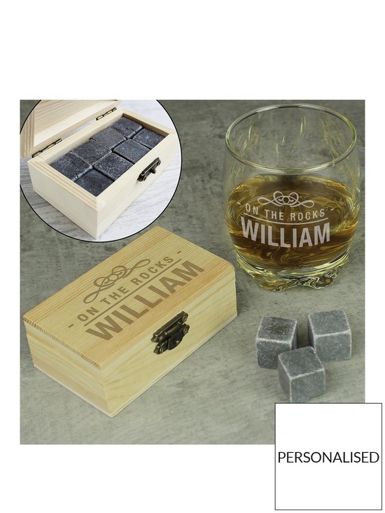 front image of the-personalised-memento-company-personalised-on-the-rocks-whiskey-stones-and-glass-set