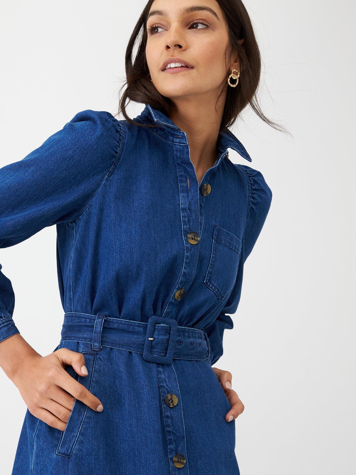 blue belted midi denim dress