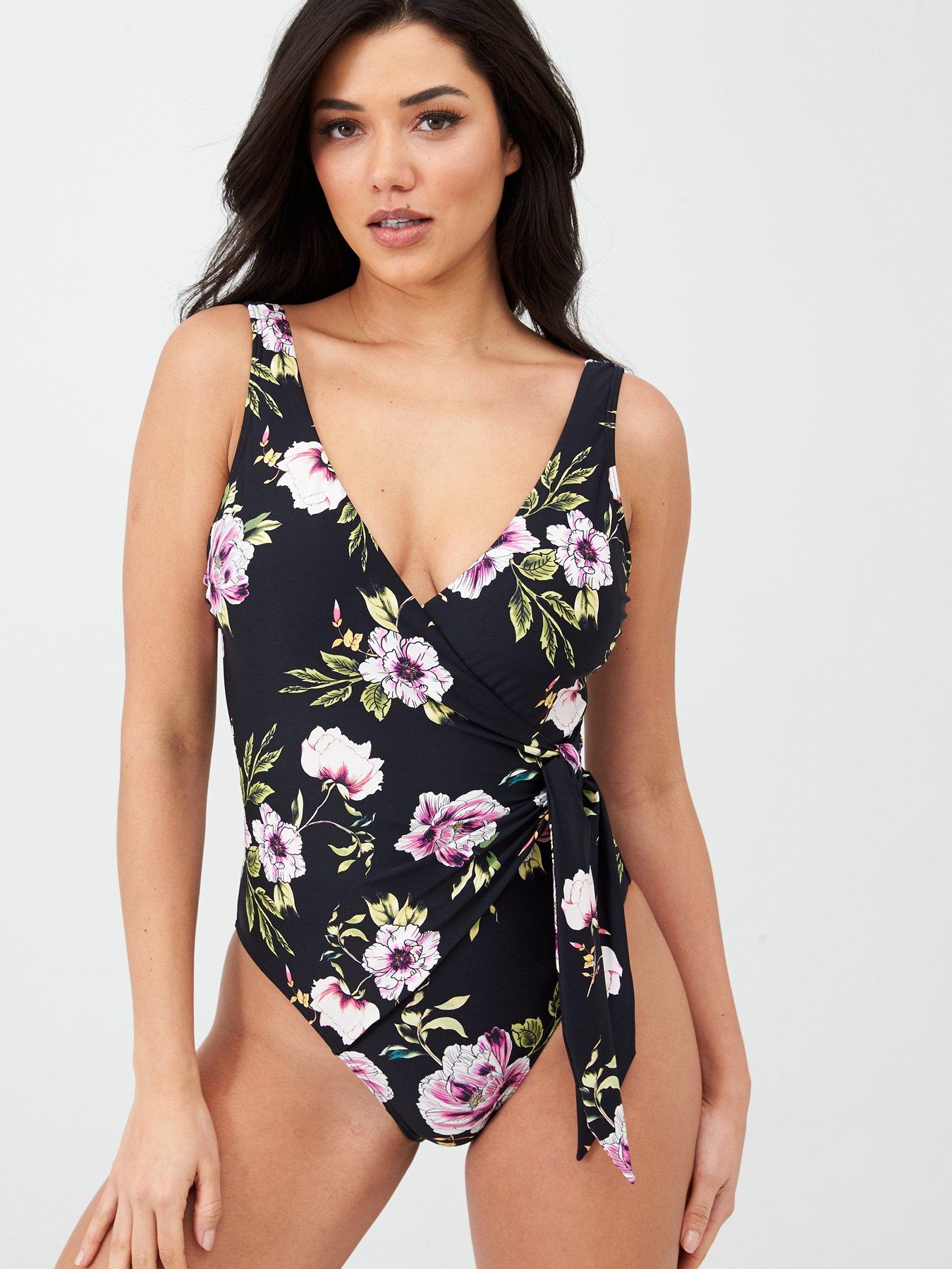 UK 8 10 12 14 16 Boutique Swimsuit Bright Floral Print Twist Tropical White