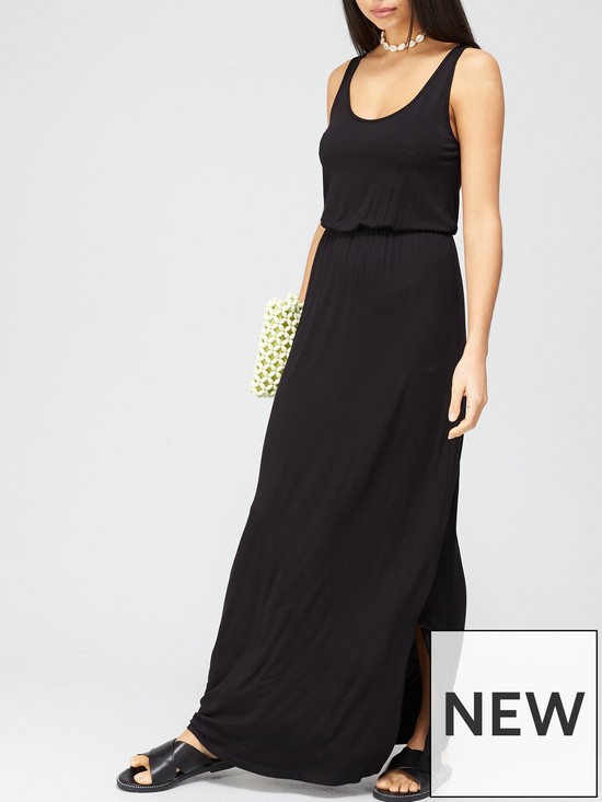front image of v-by-very-channel-waist-jersey-beachnbspmaxi-dress-black