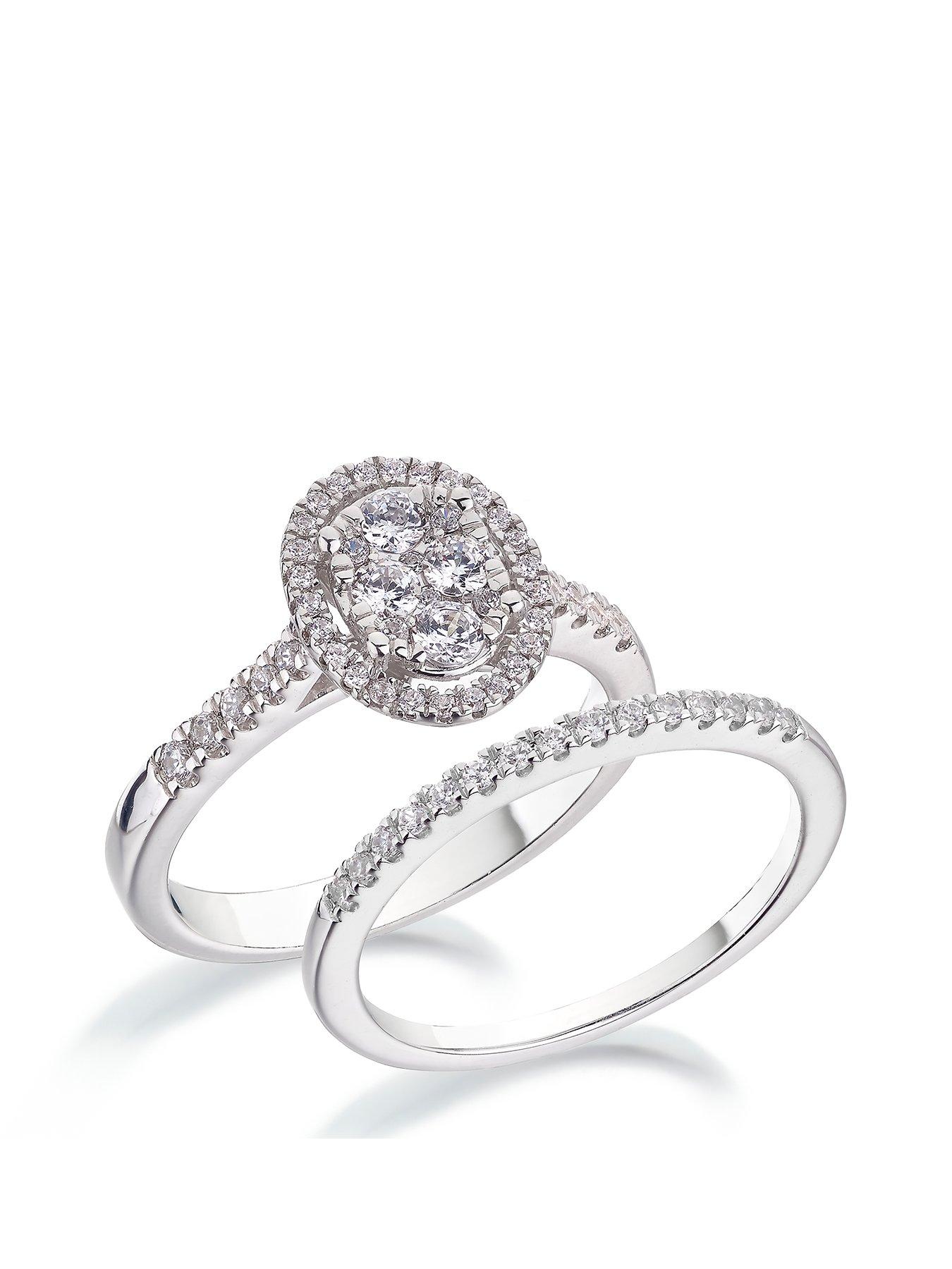 Product photograph of Love Diamond 9ct White Gold 1 2 Carat Diamond Oval Halo Bridal Set from very.co.uk