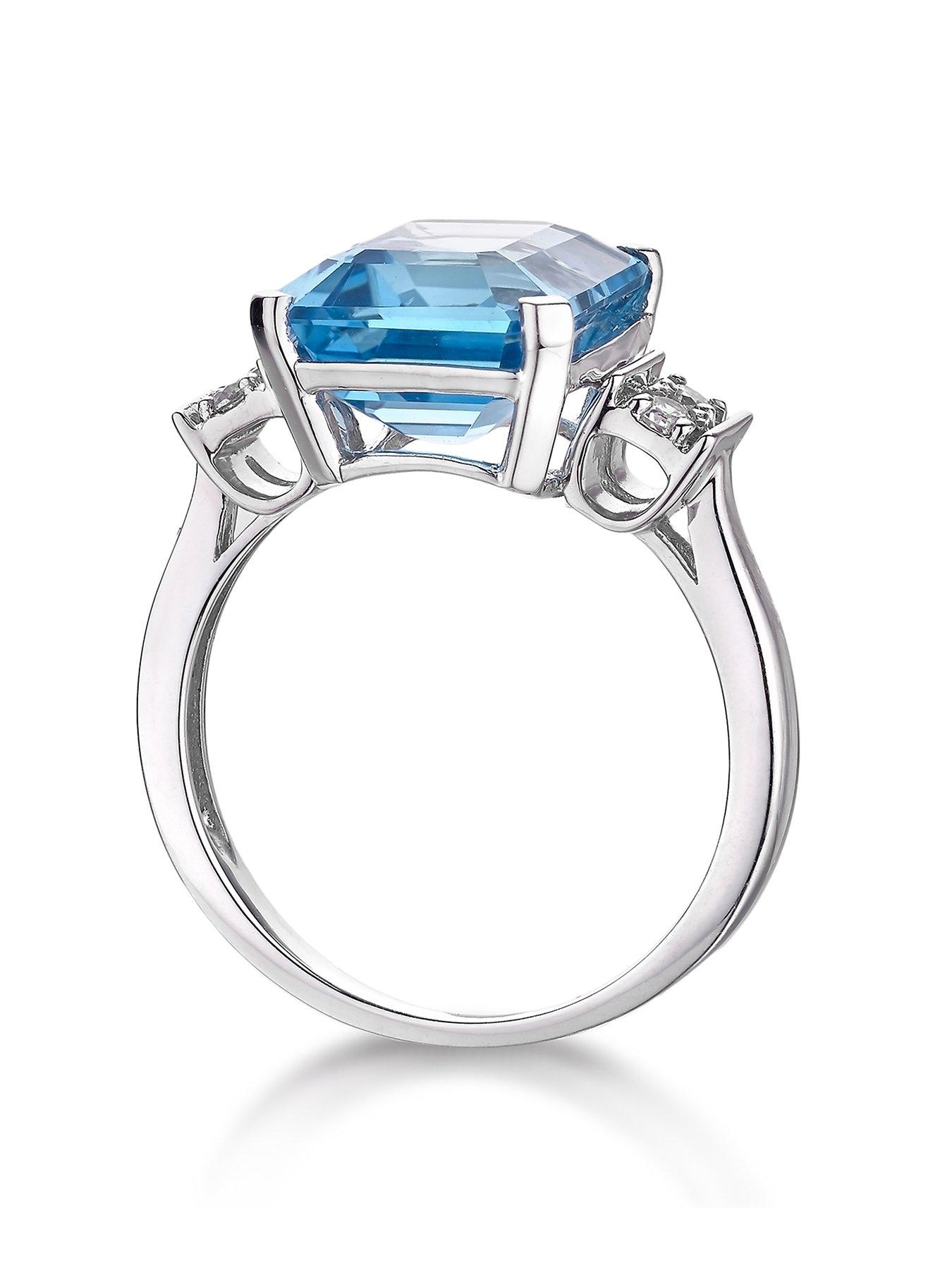 The Love Collection 9ct White Gold Blue Topaz Emerald Cut Ring