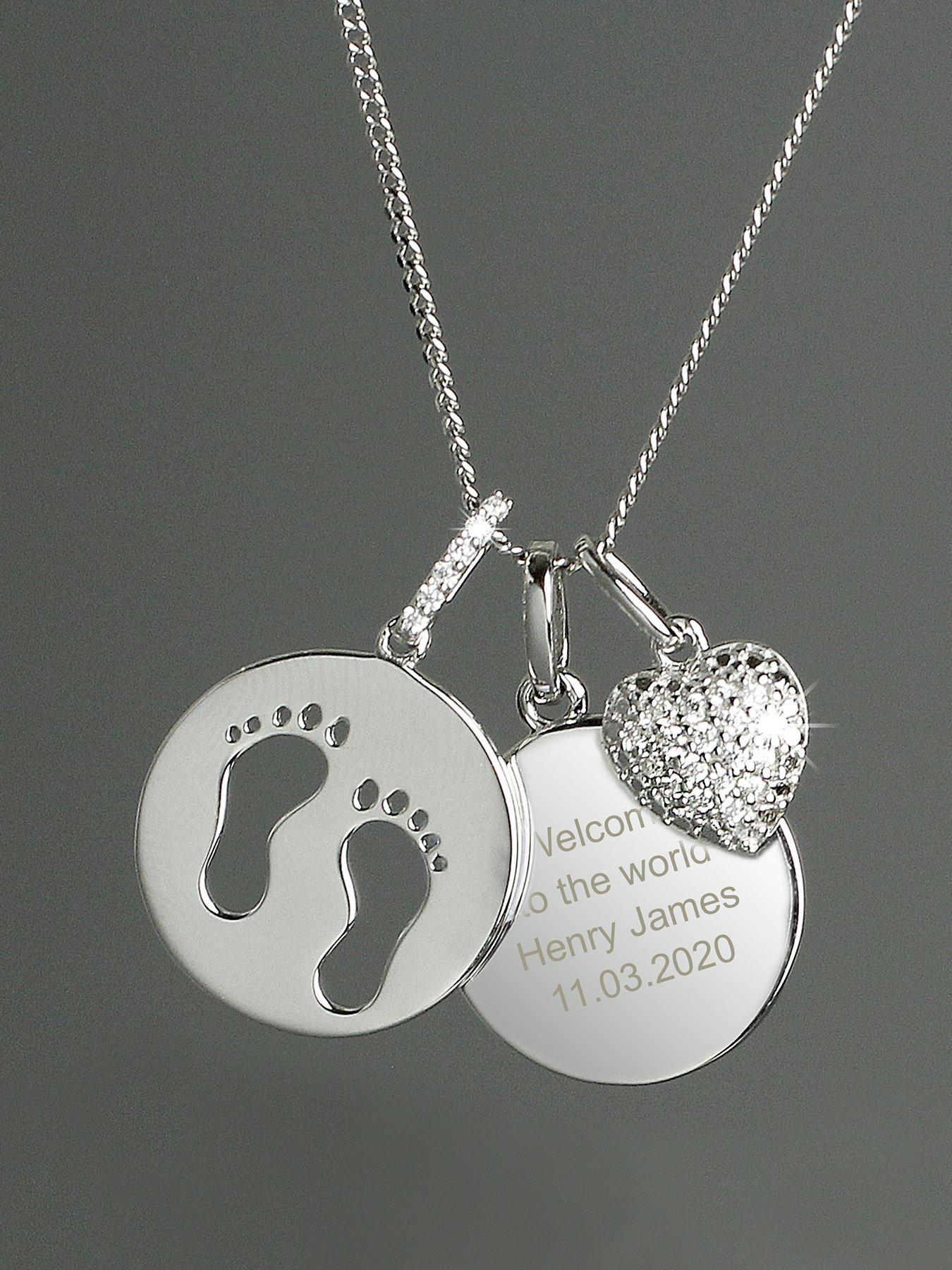 Product photograph of The Love Silver Collection Personalised Sterling Silver Footprints And Cubic Zirconia Heart Charm Necklace from very.co.uk