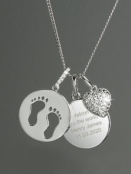 the love silver collection personalised sterling silver footprints and cubic zirconia heart charm necklace
