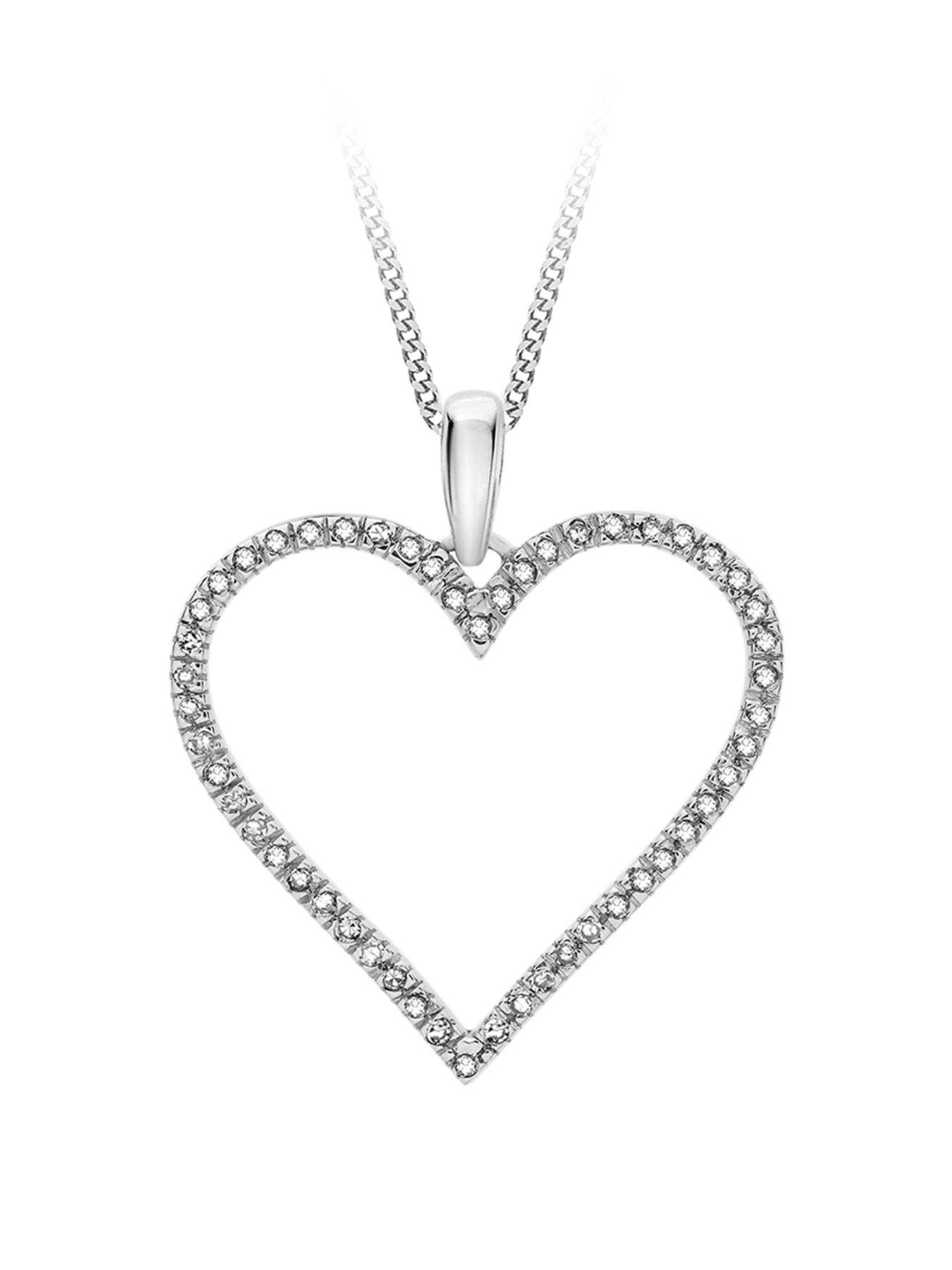 Women 9ct White Gold Diamond Set Open Heart Pendant Necklace