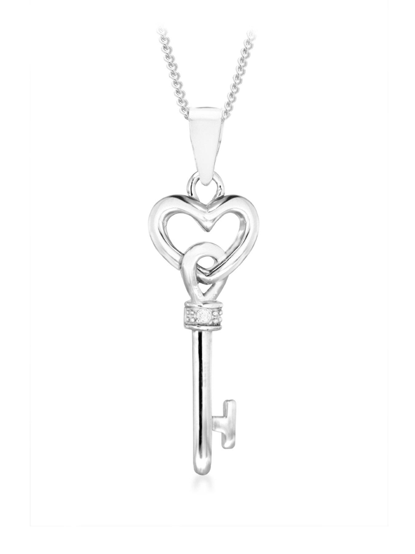  9ct White Gold Diamond Set Heart Key Pendant Necklace