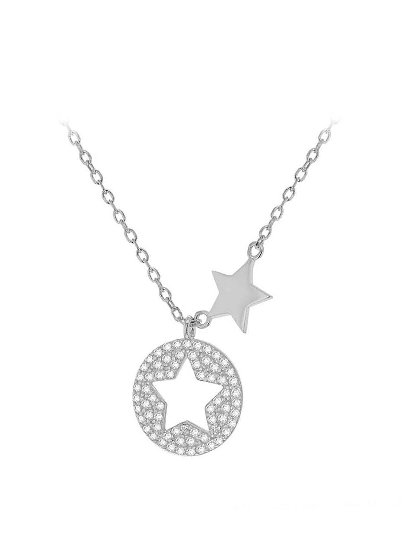 Women Sterling Silver Cubic Zirconia Star Disc Pendant Necklace