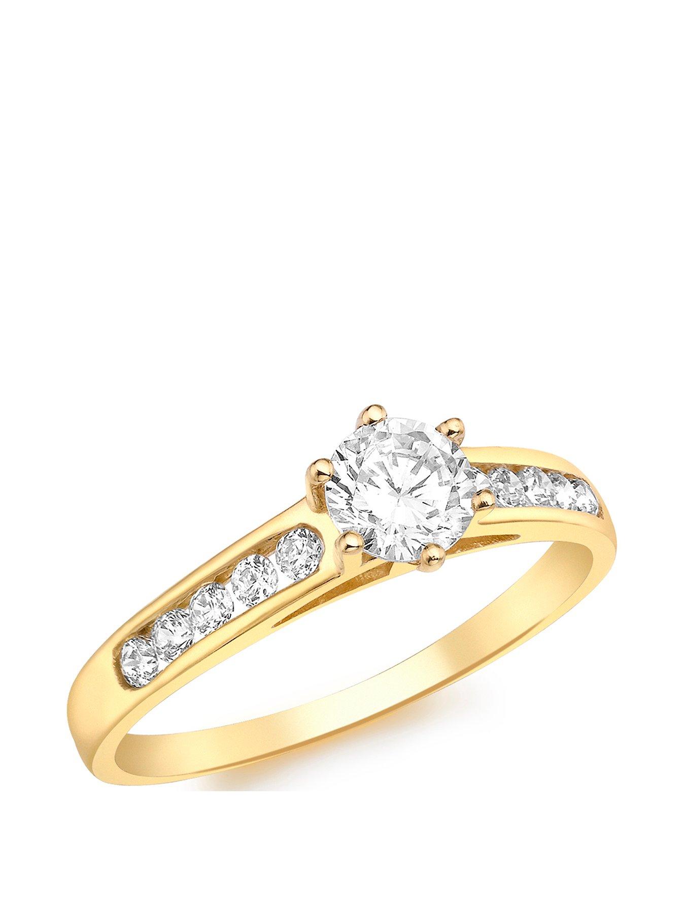 The Love Collection 9ct Gold Cubic Zirconia Solitaire Ring with Set Shoulders