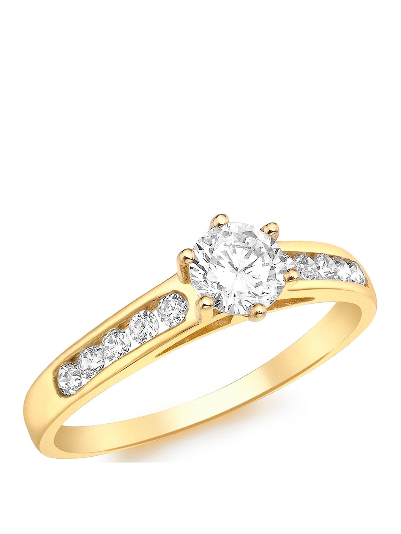 The Love Collection 9ct Gold Cubic Zirconia Solitaire Ring with Set Shoulders
