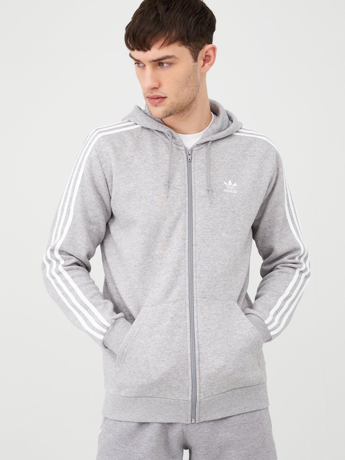 adidas originals three stripe zip thru hoodie in grey