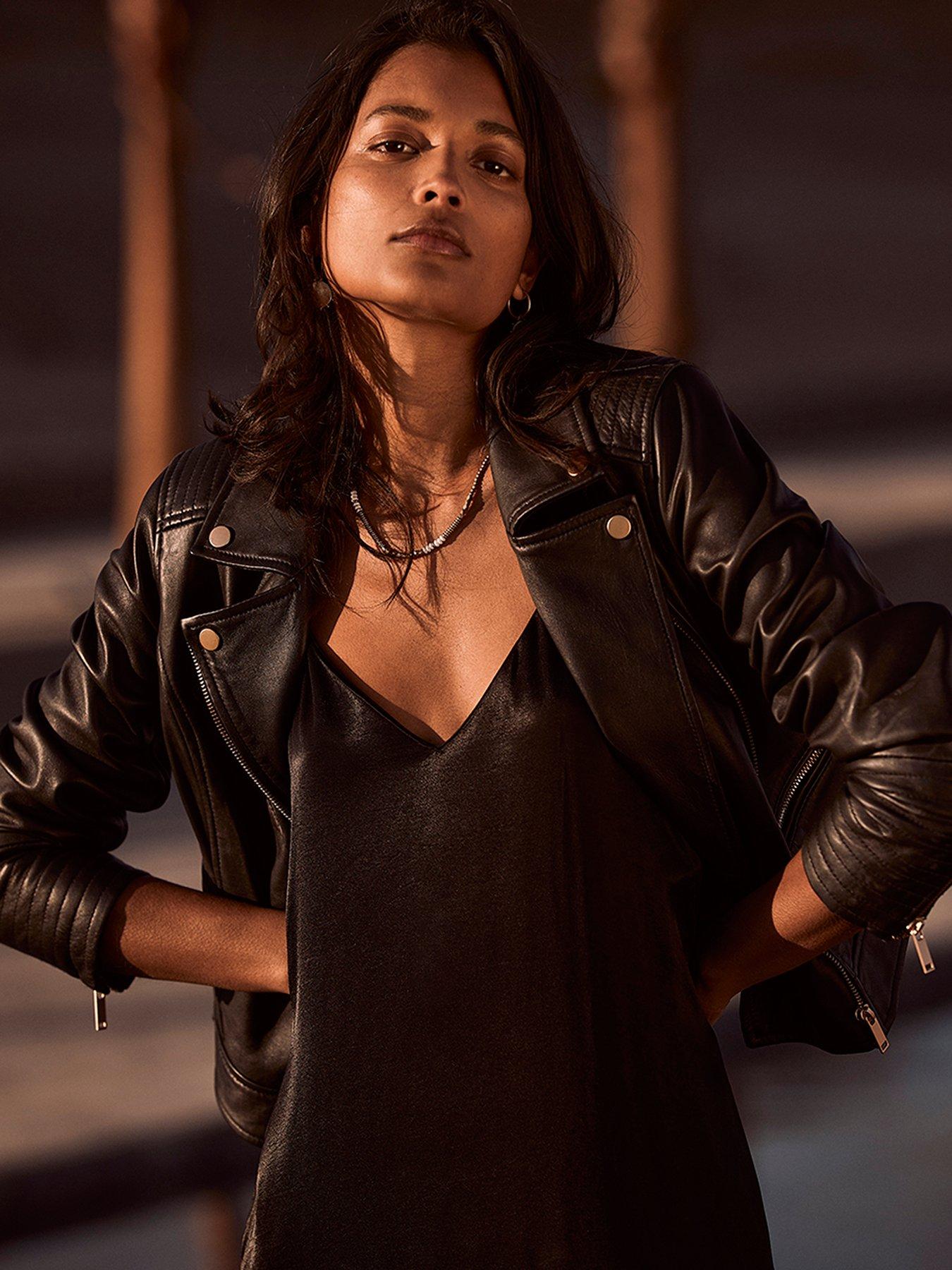 Mint Velvet Stitch Sleeve Detail Leather Biker Jacket Black Very