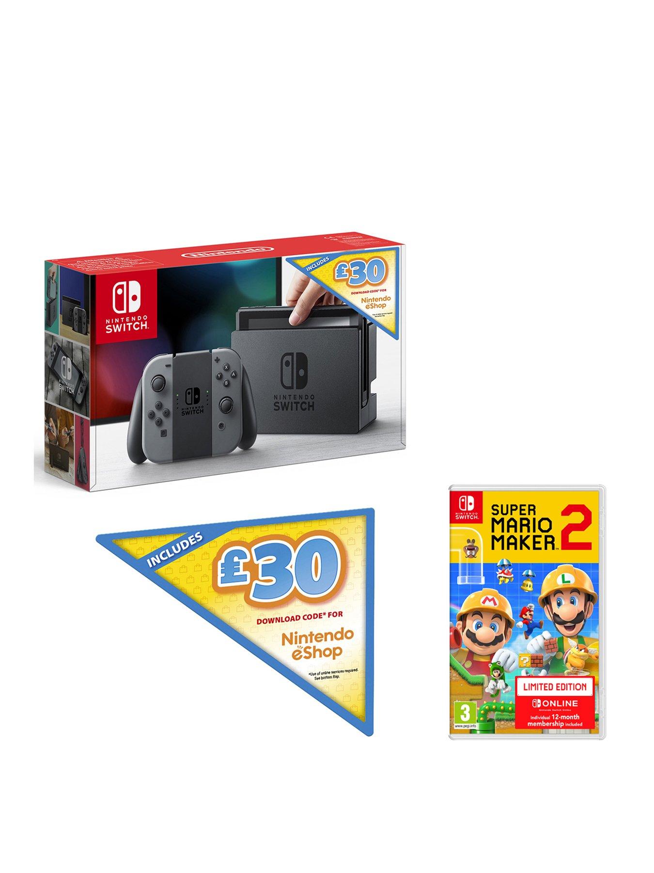 Console with and  £30 Mario eShop Maker Switch Grey Voucher 2 Code Nintendo Super