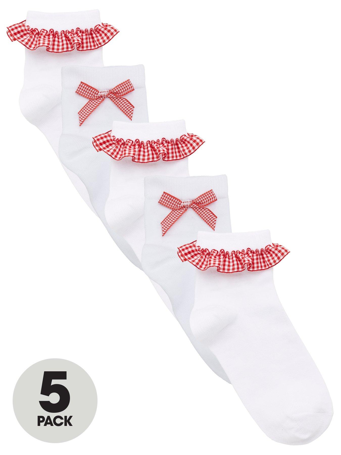 V by Very Girls 5 Pack Gingham Frill School Socks - Red