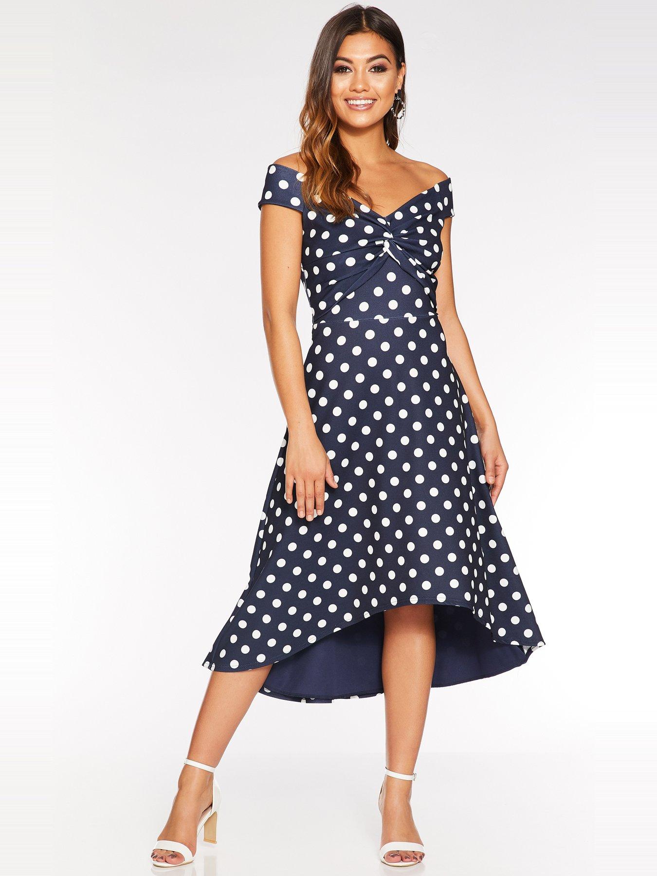 quiz navy bardot knot front dip hem dress