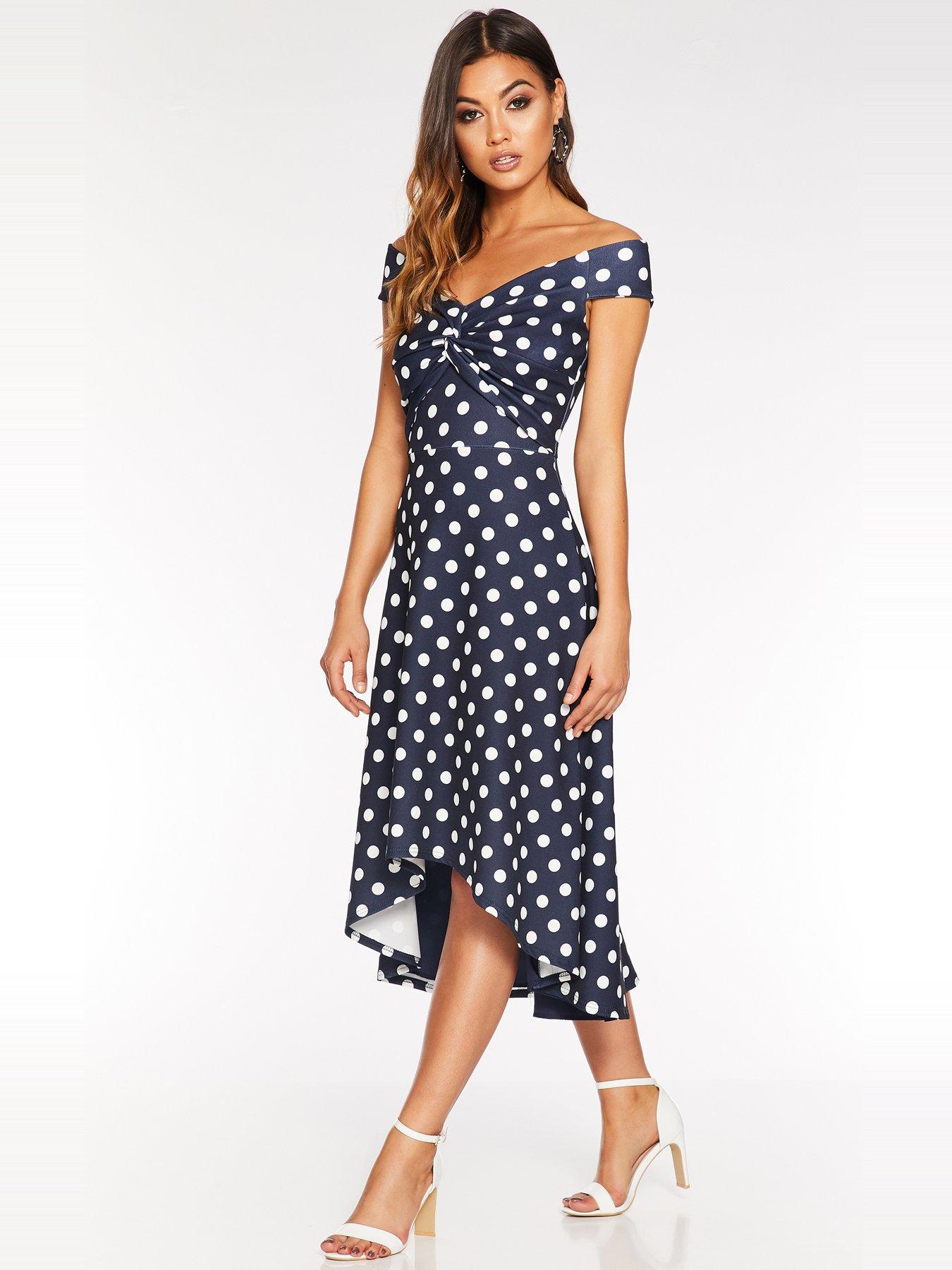 navy bardot knot front dip hem dress