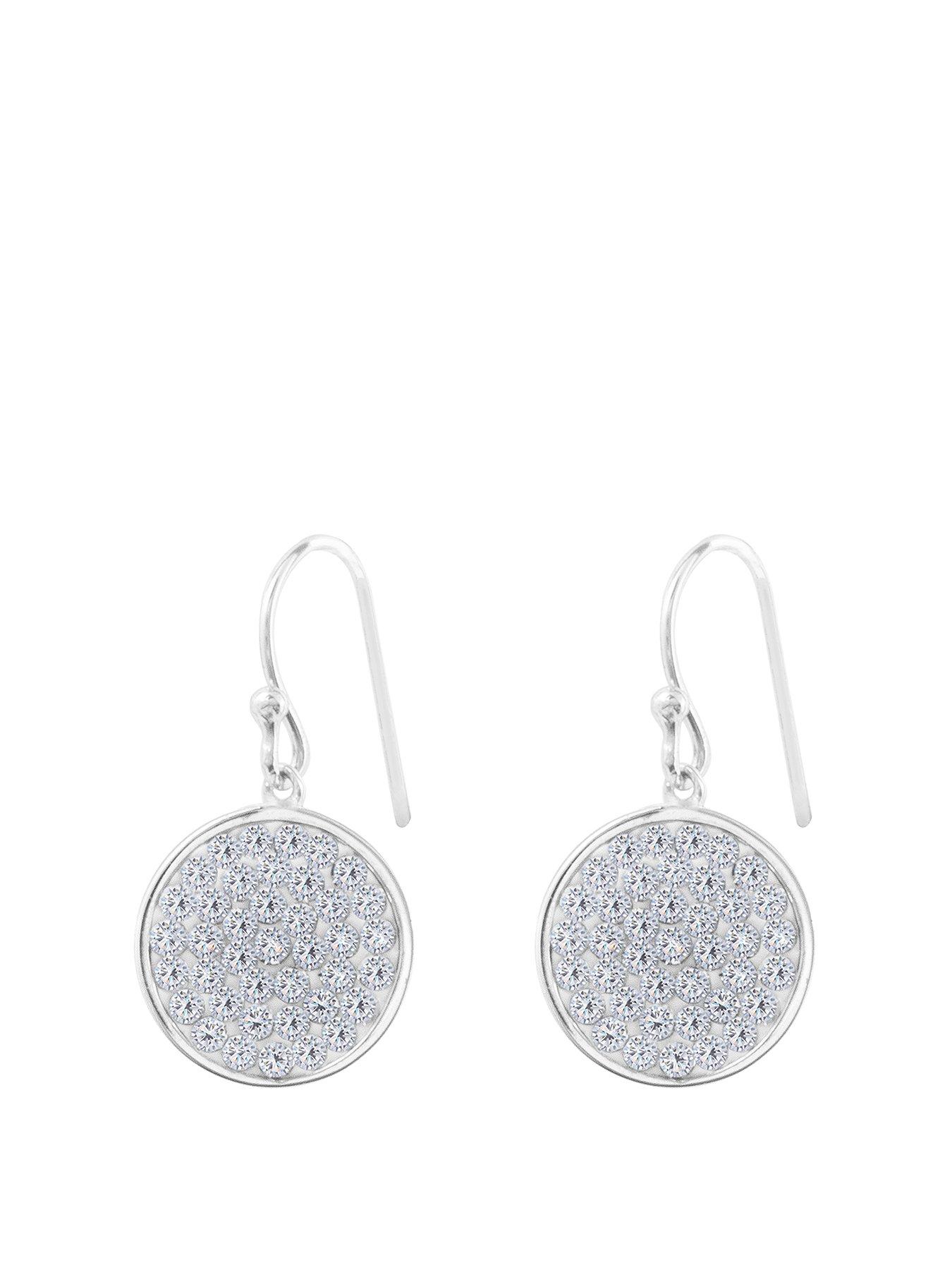  Sterling Silver Crystal Round Hook Drop Pave Earrings