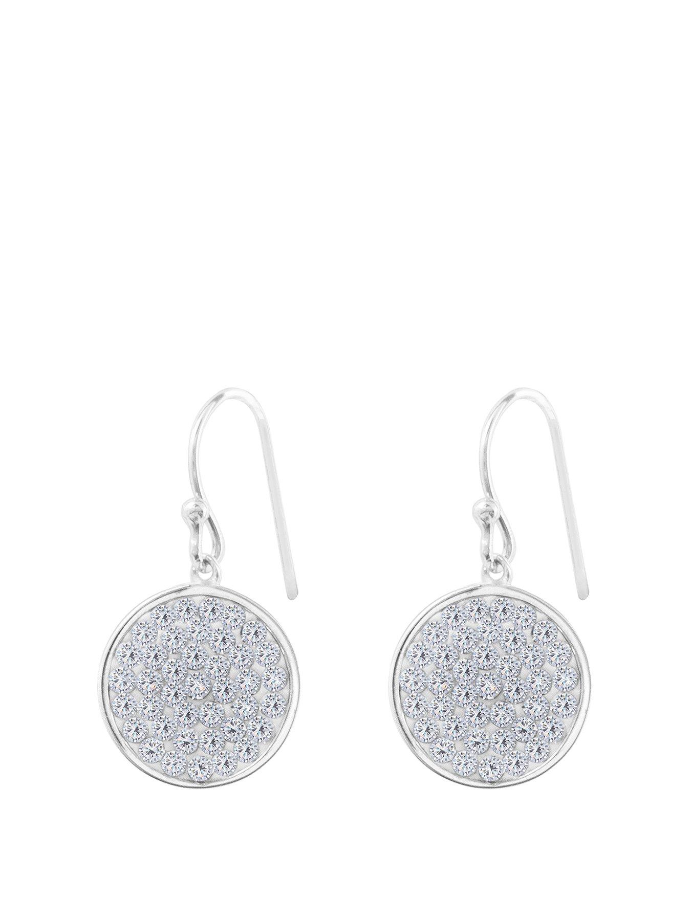 Sterling Silver Crystal Round Hook Drop Pave Earrings