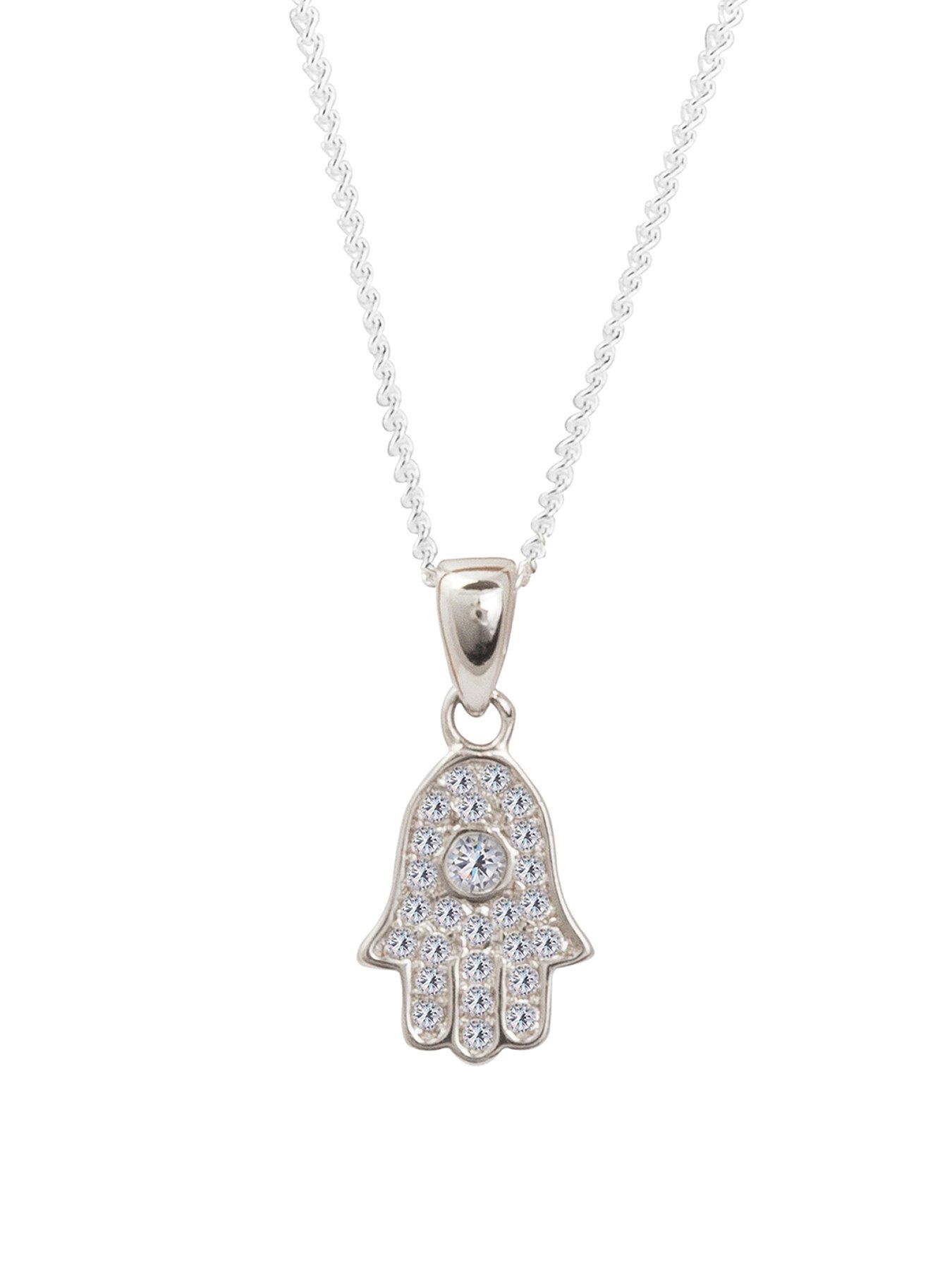 Product photograph of The Love Silver Collection Sterling Silver Cubic Zirconia Hamsa Hand Of Fatima Pendant Necklace from very.co.uk