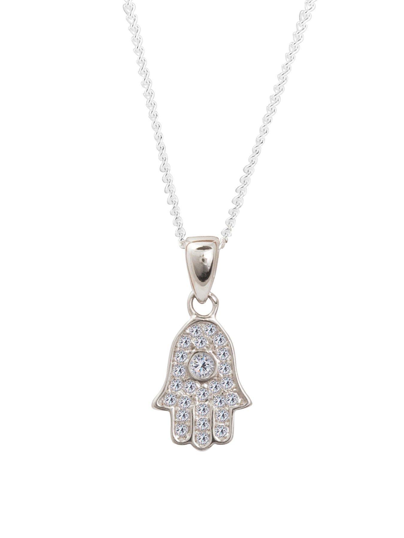 undefined Sterling Silver Cubic Zirconia Hamsa Hand of Fatima Pendant Necklace