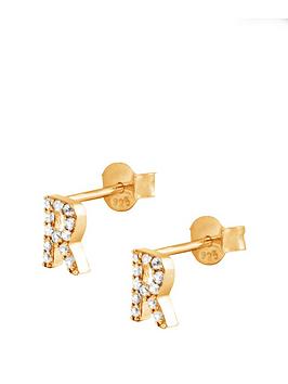 The Love Silver Collection 18Ct Gold Plated Sterling Silver Cubic Zirconia Initial Stud Earrings - K
