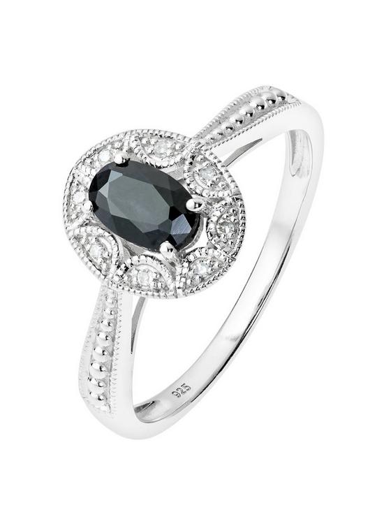 front image of love-gem-sterling-silver-diamond-set-oval-black-sapphire-vintage-inspired-ring