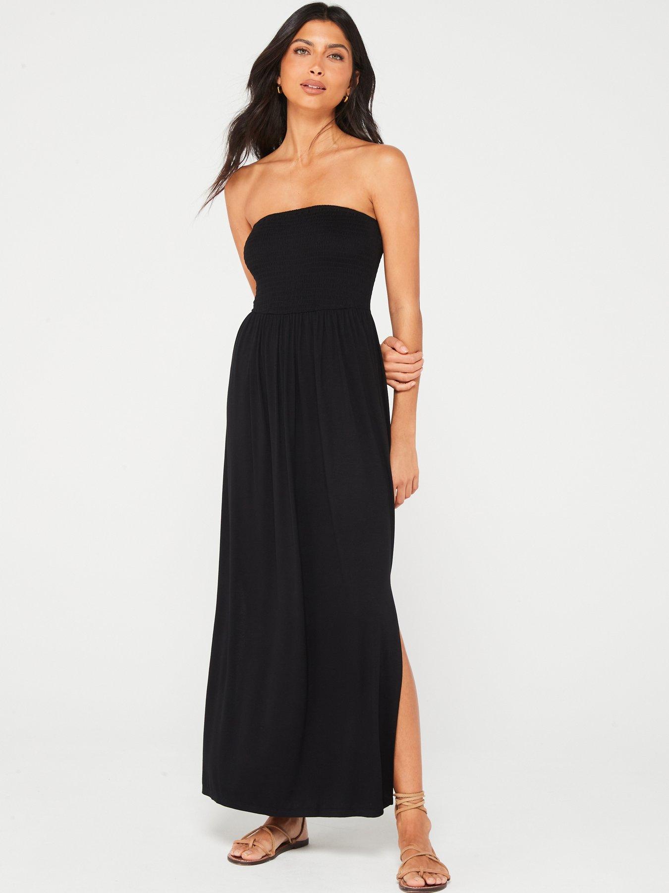 Black Linen Strapless Dress, Summer Vacation Dress, Loose Maxi