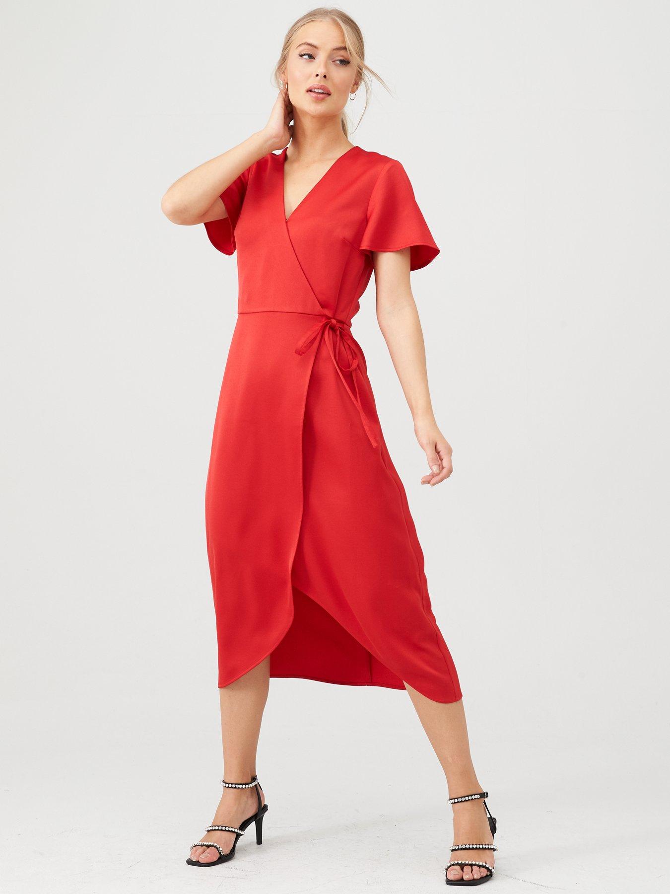 red wrap midi dress
