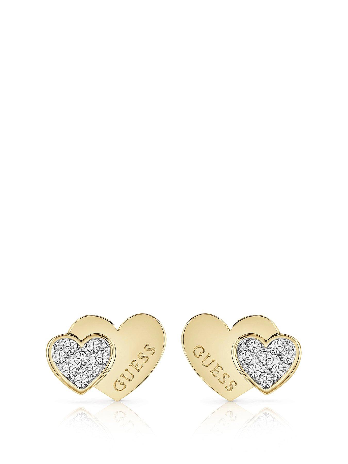  Gold Tone Crystal Set Double Heart Stud Earrings