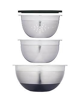 Product photograph of Masterclass Smart Space 3-piece Stainless Stackable Mixing Bowl And Colander Set from very.co.uk