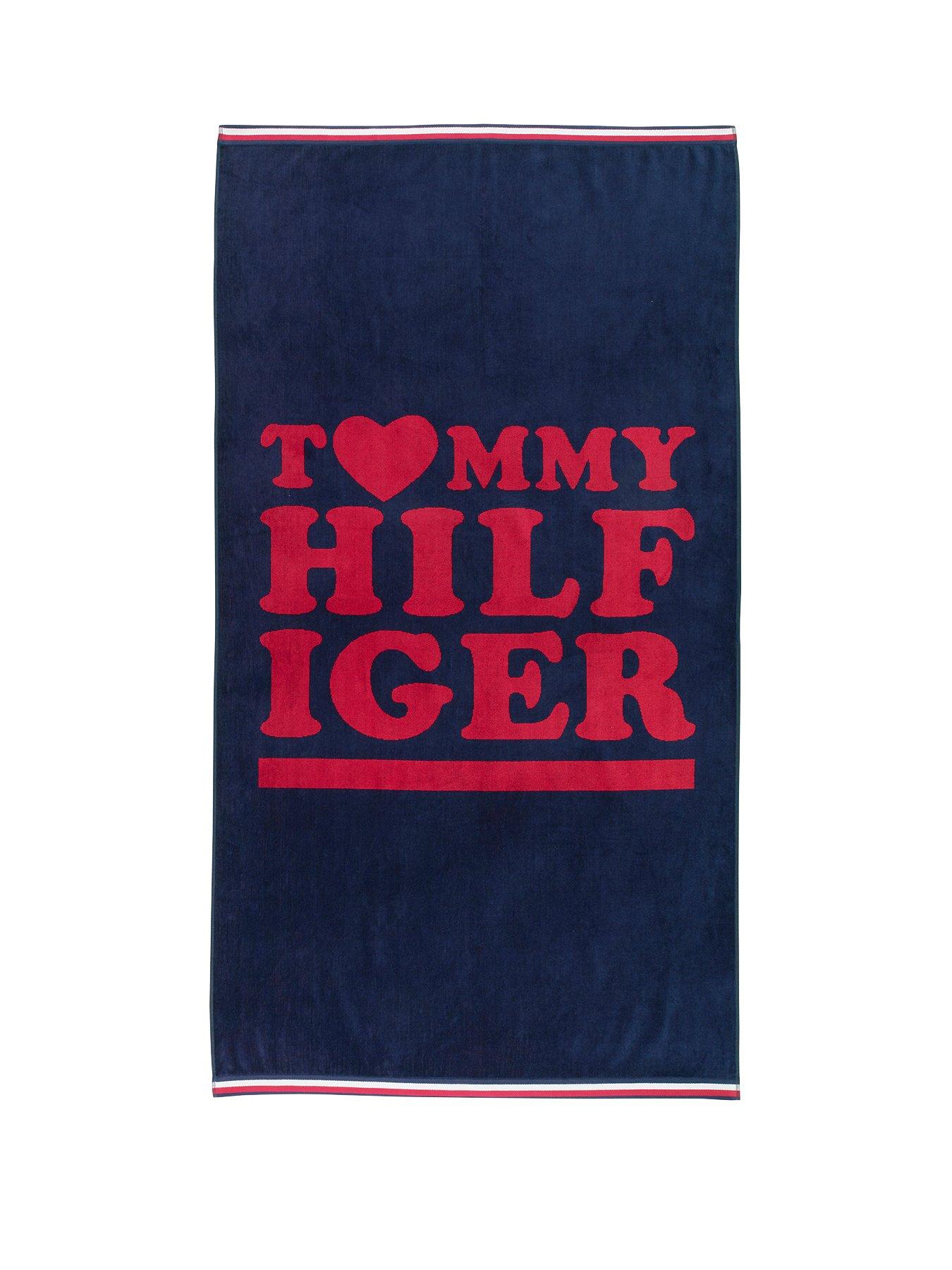 Tommy Hilfiger 35 x 66 Inch Navy Dolphins On Pink Stripes Background Beach Towel 