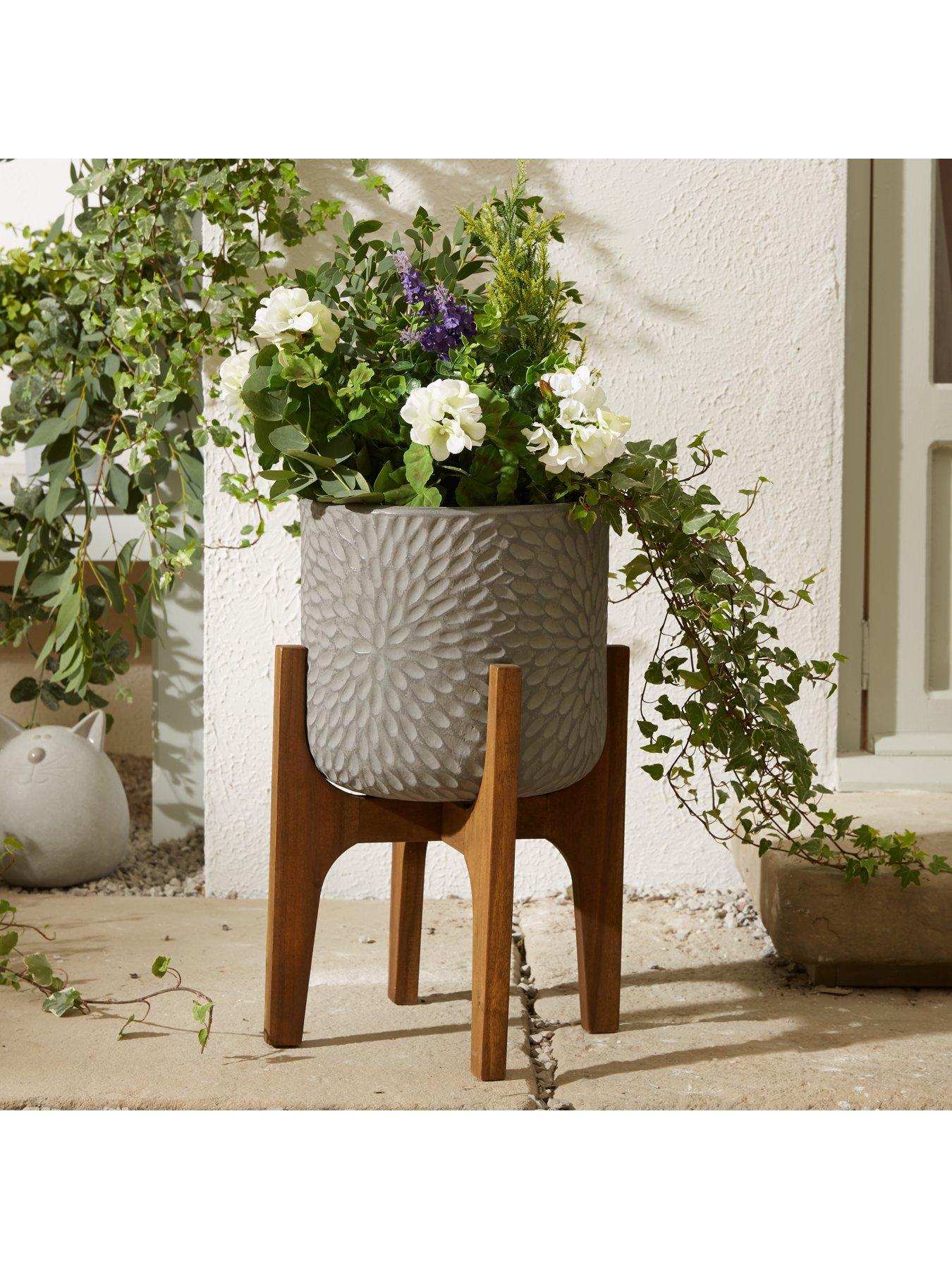 Product photograph of Very Home Petal Print Pot On Wooden Legs - Light Grey from very.co.uk