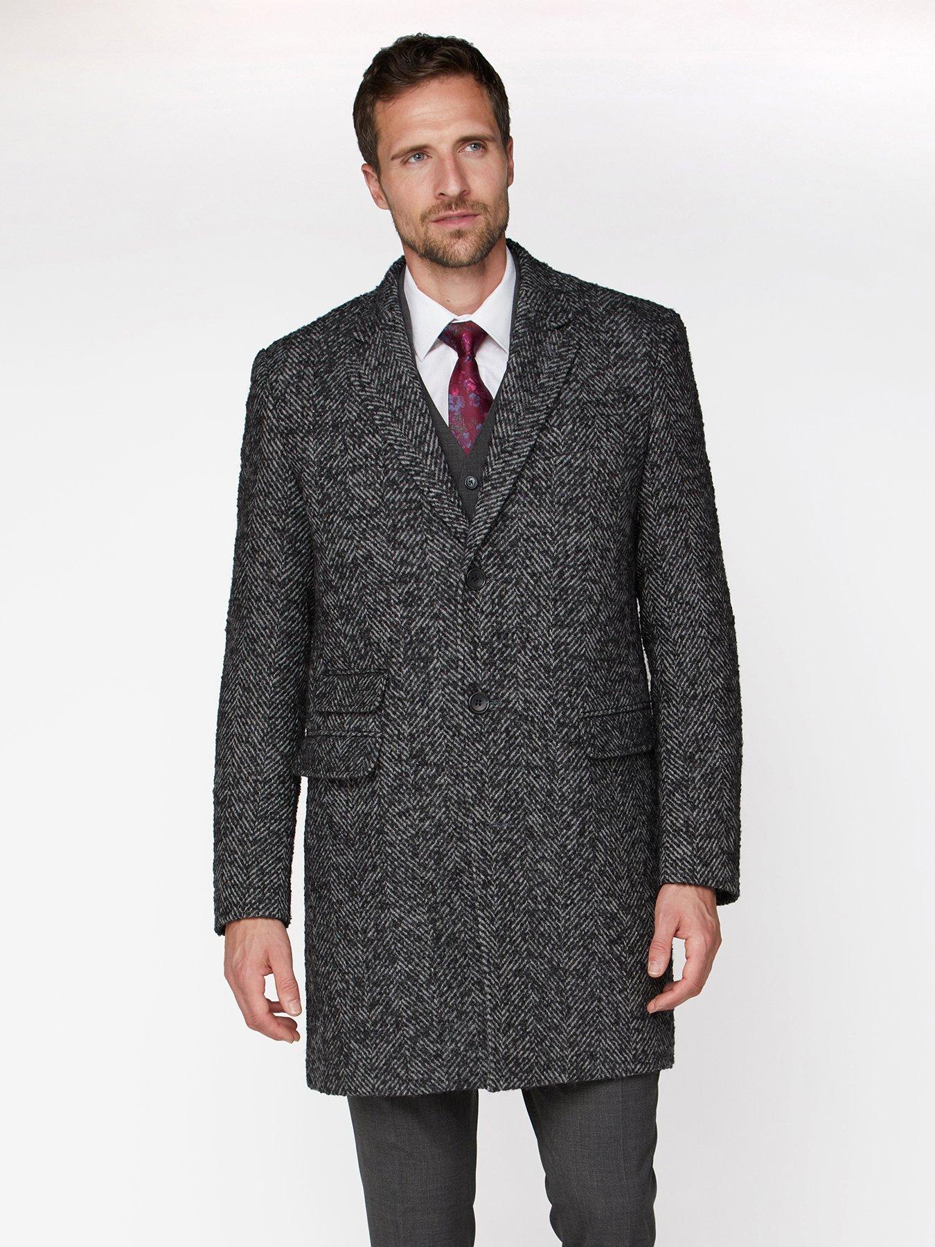 Jeff Banks Chunky Wool Herringbone Overcoat - Grey | very.co.uk