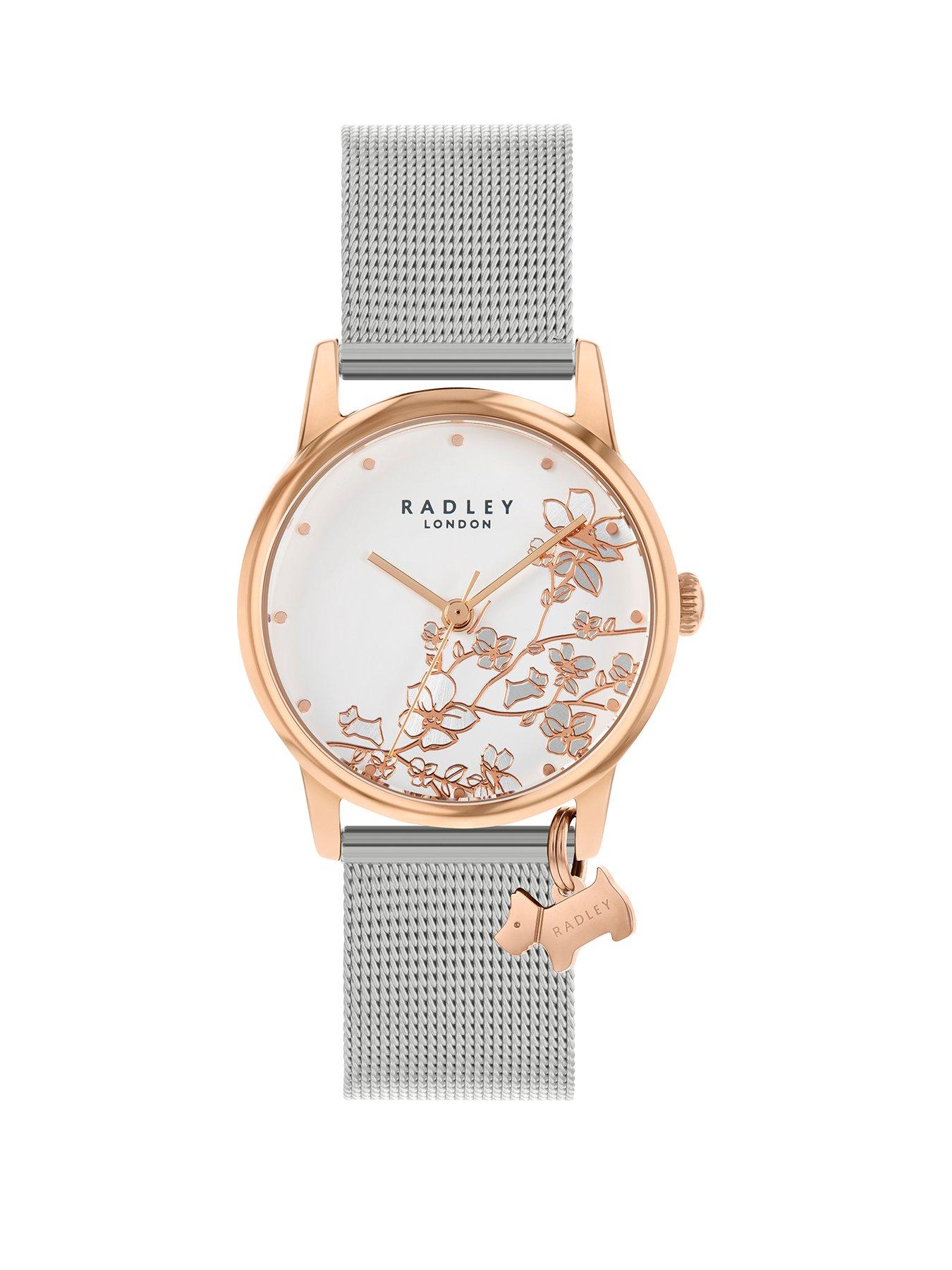 undefined RY4347 Silver Floral and Rose Gold Detail Dog Charm Dial Stainless Steel Mesh Strap Ladies Watch