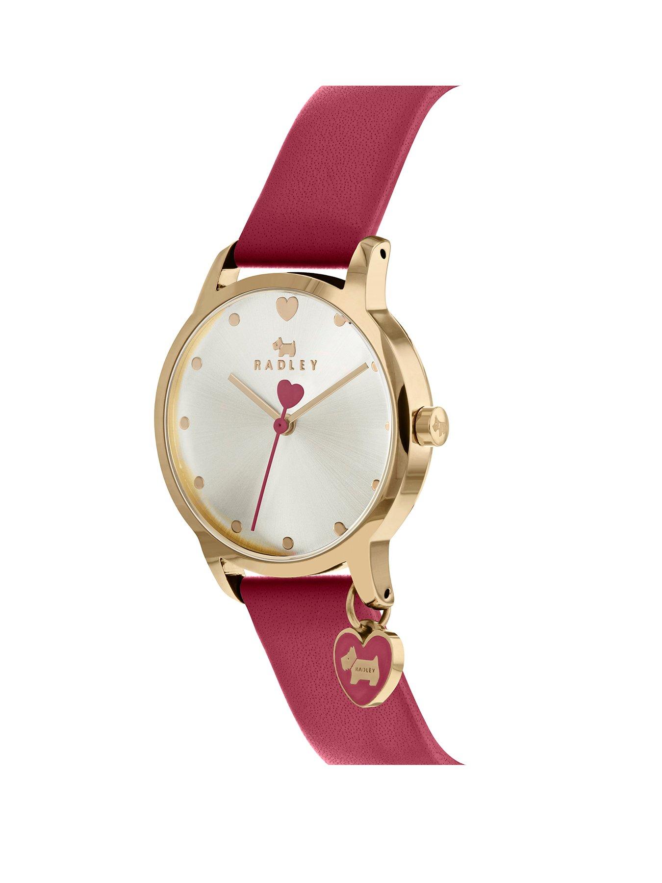 Women Blush and Silver Detail Heart Charm Dial Red Leather Strap Ladies Watch
