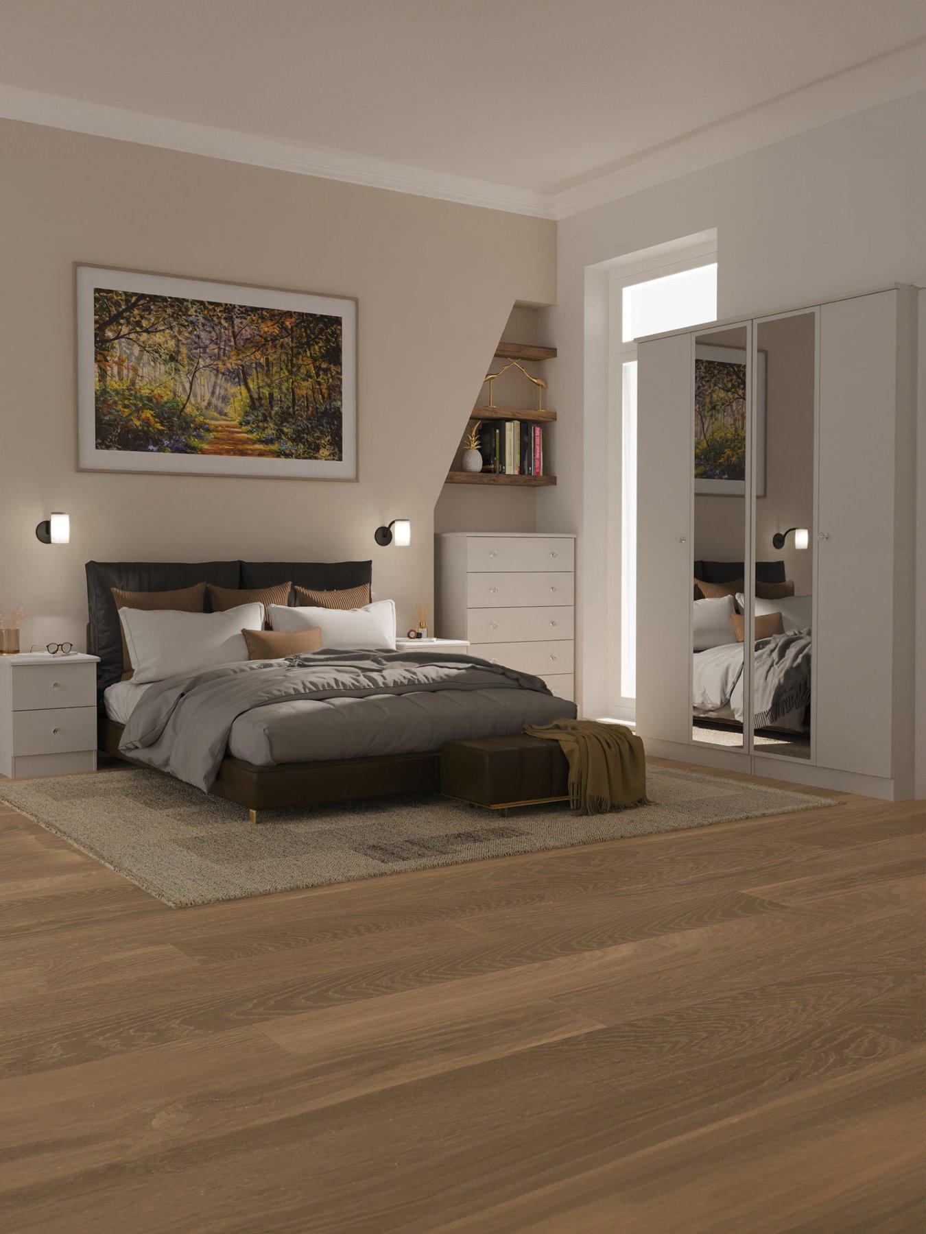 SWIFT Verve Part Assembled 4 Piece Package - 4 Door Mirrored Wardrobe, 5 Drawer Chest and 2 Bedside Chests - FSC® Certified