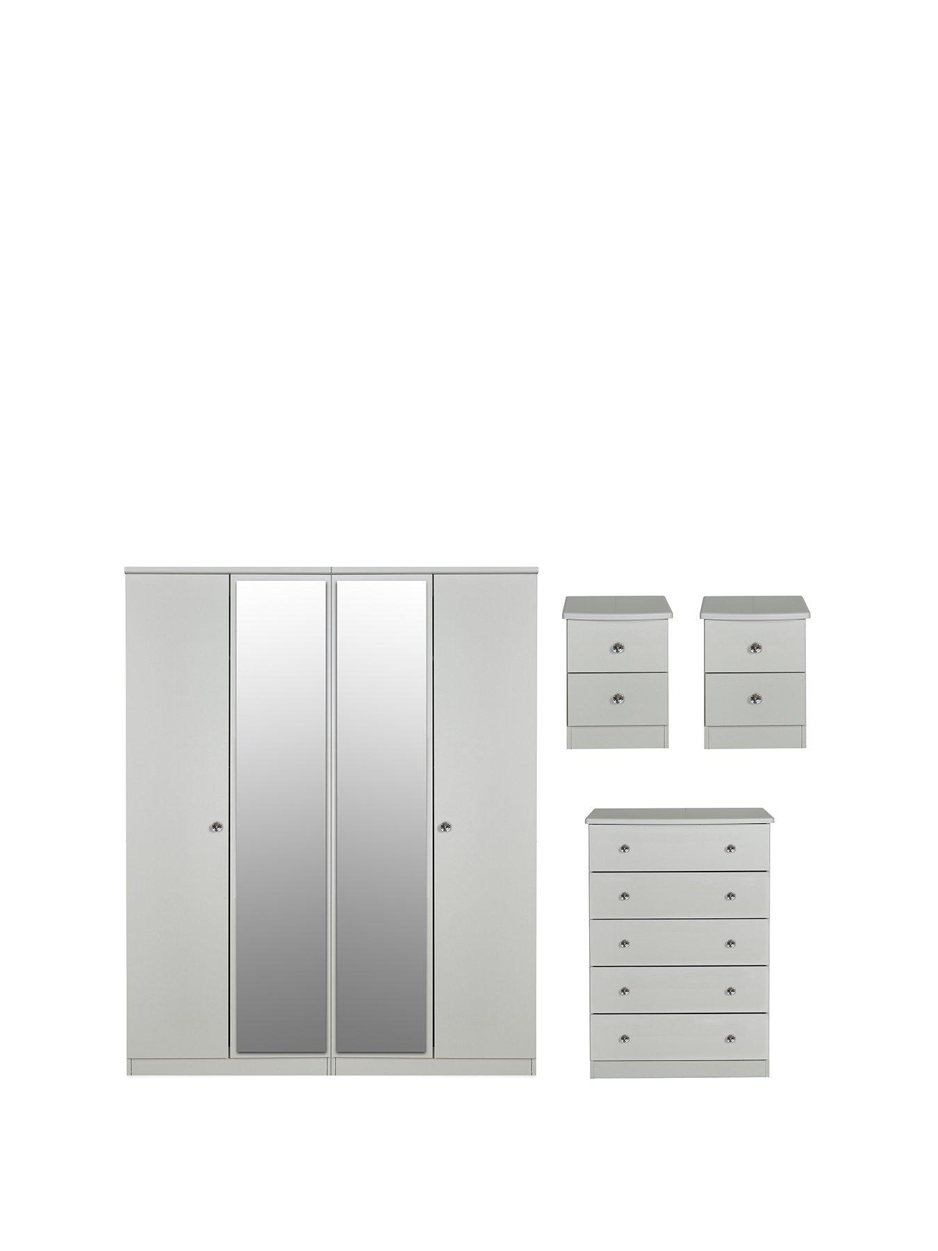 Product photograph of Swift Verve Part Assembled 4 Piece Package - 4 Door Mirrored Wardrobe 5 Drawer Chest And 2 Bedside Chests from very.co.uk