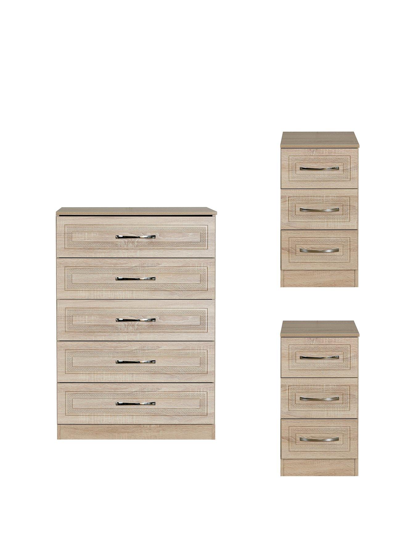 Product photograph of Swift Winchester Ready Assembled 3 Piece Package - 5 Drawer Chest And 2 Bedside Chests from very.co.uk