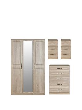 Product photograph of Swift Winchester Part Assembled 4 Piece Package - 3 Door Mirrored Wardrobe Chest Of 5 Drawers And 2 Bedside Chests from very.co.uk